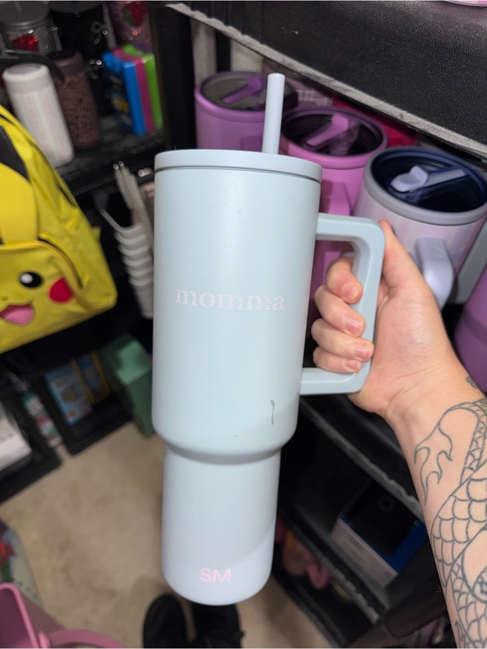 Insulated Travel Tumbler with Handle - Light Blue Momma Design